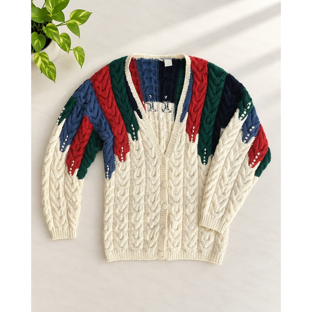 Vintage 80s Hand Knit Cable Cardigan Large Fisherman Grandpa Sweater Colorblock